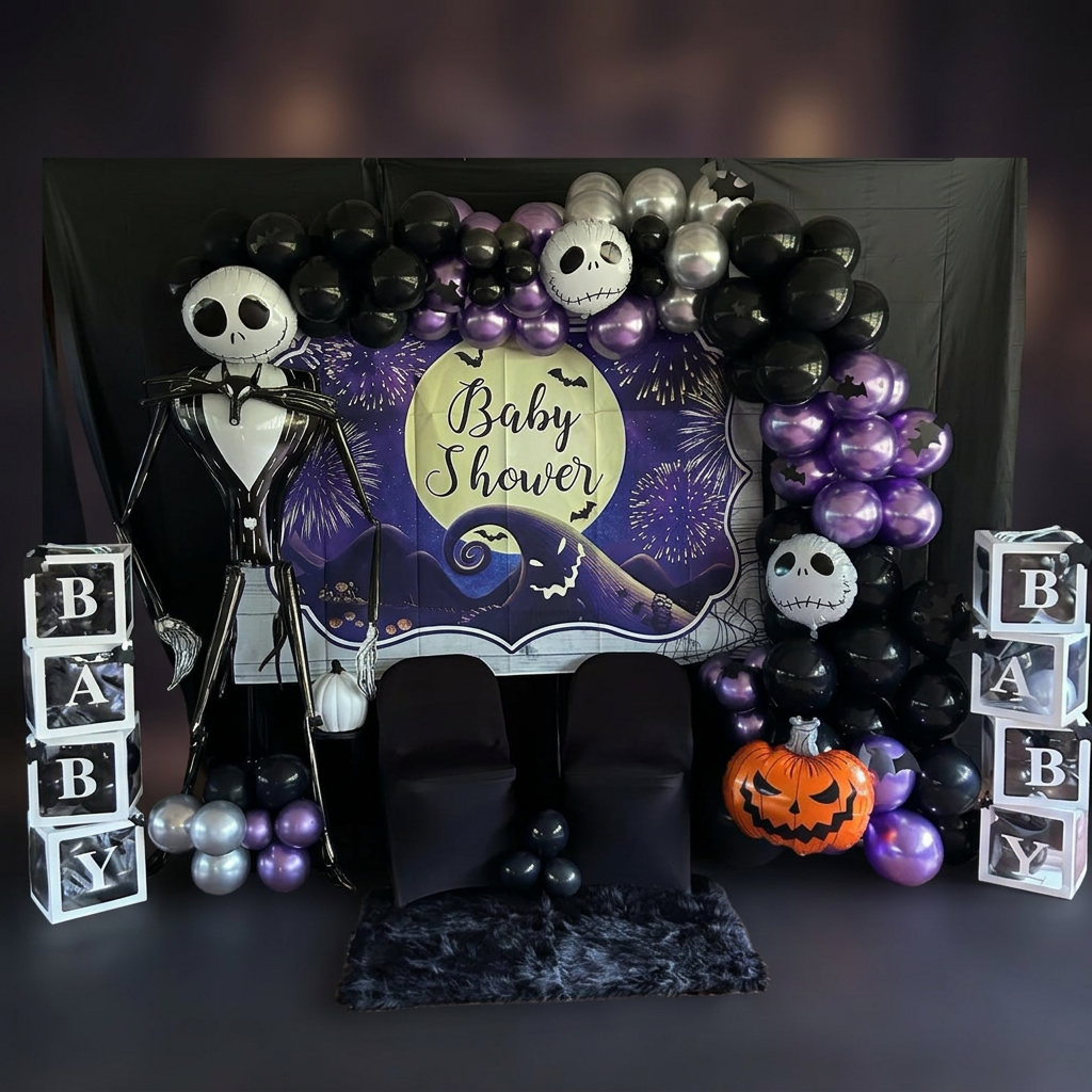 Nightmare Before Christmas themed baby shower balloon arch and backdrop