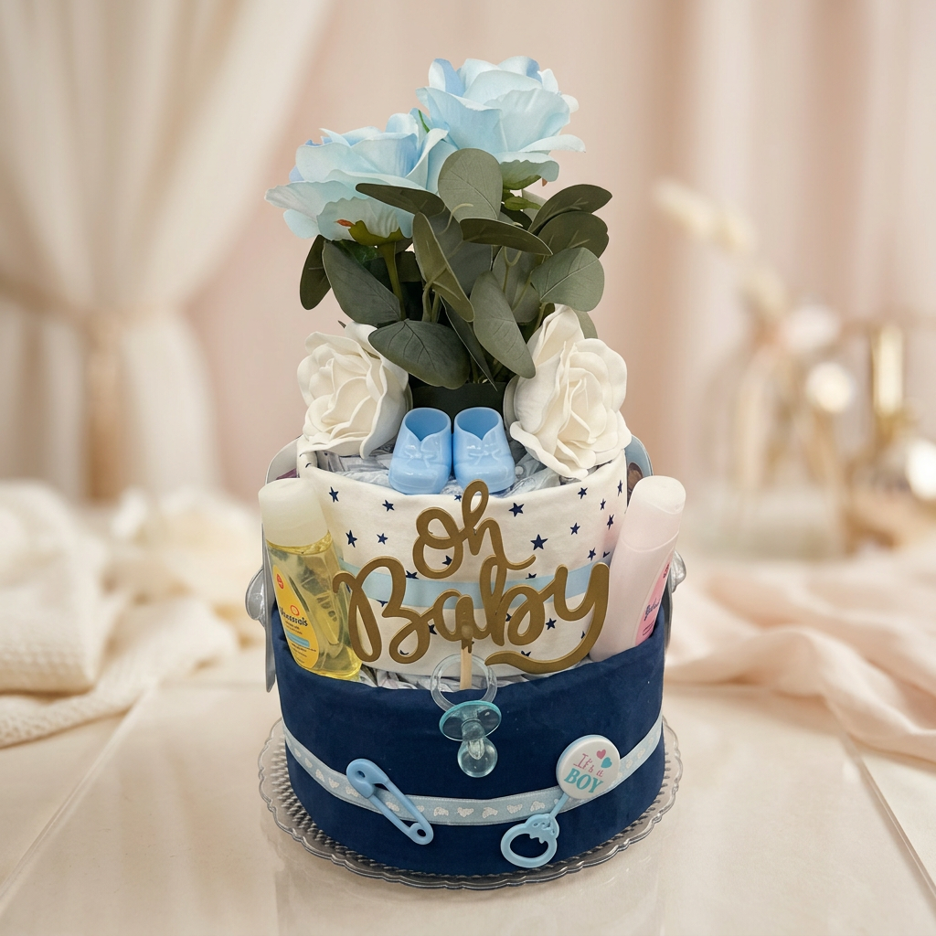 Blue and gold 'Oh Baby' diaper cake for boy baby shower