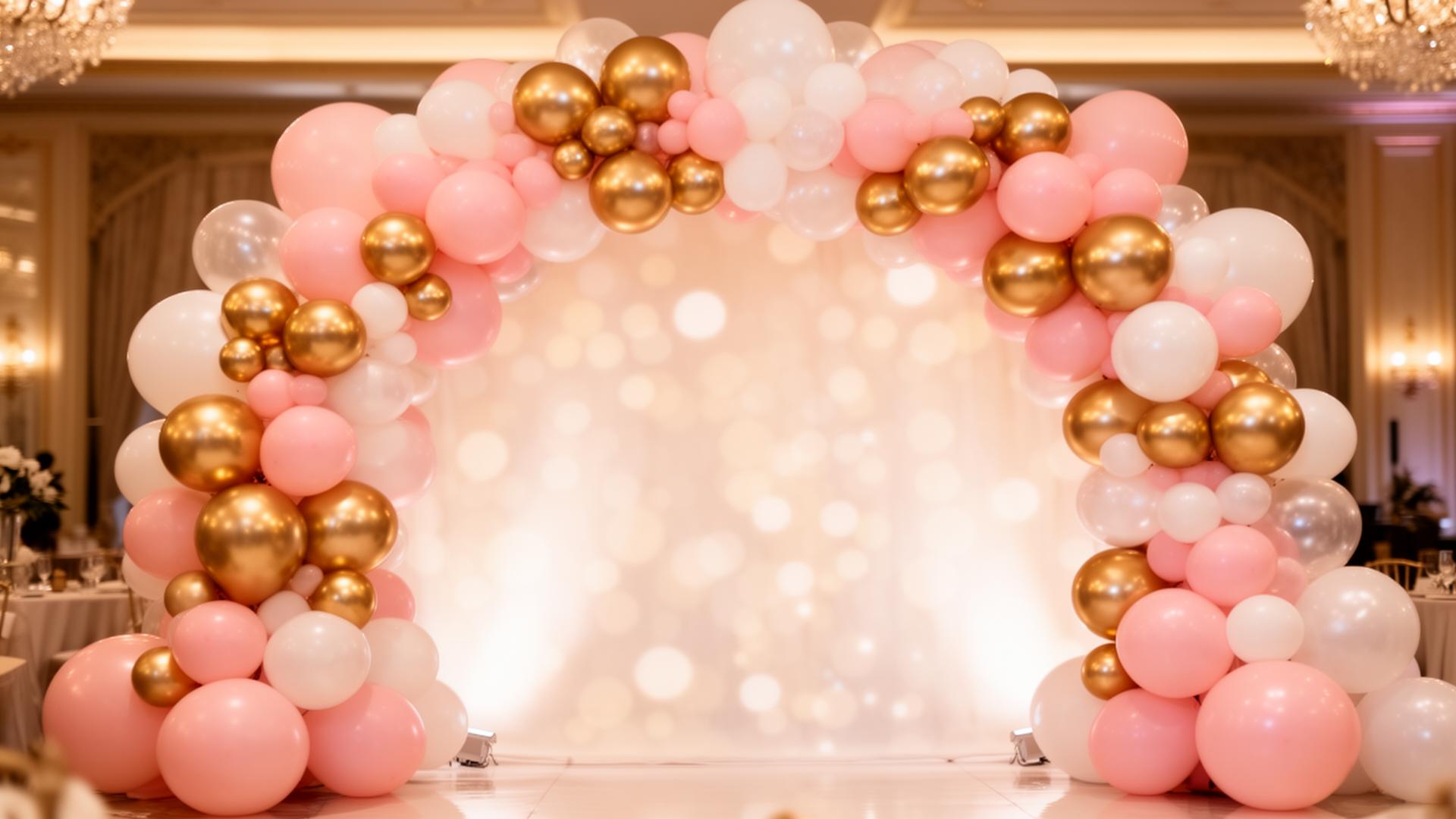 Beautiful balloon arch in pink, gold, and white